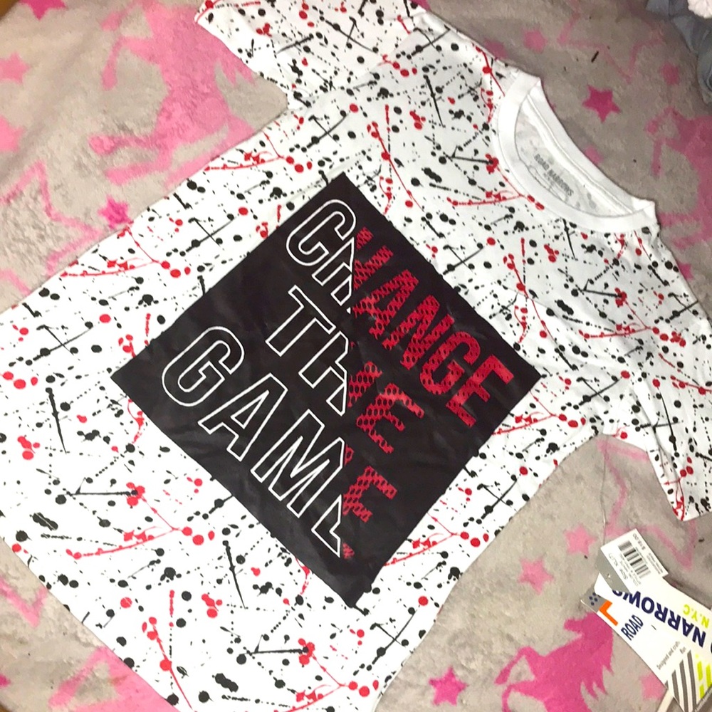 Black & red splash white T, Change The Game shirt.